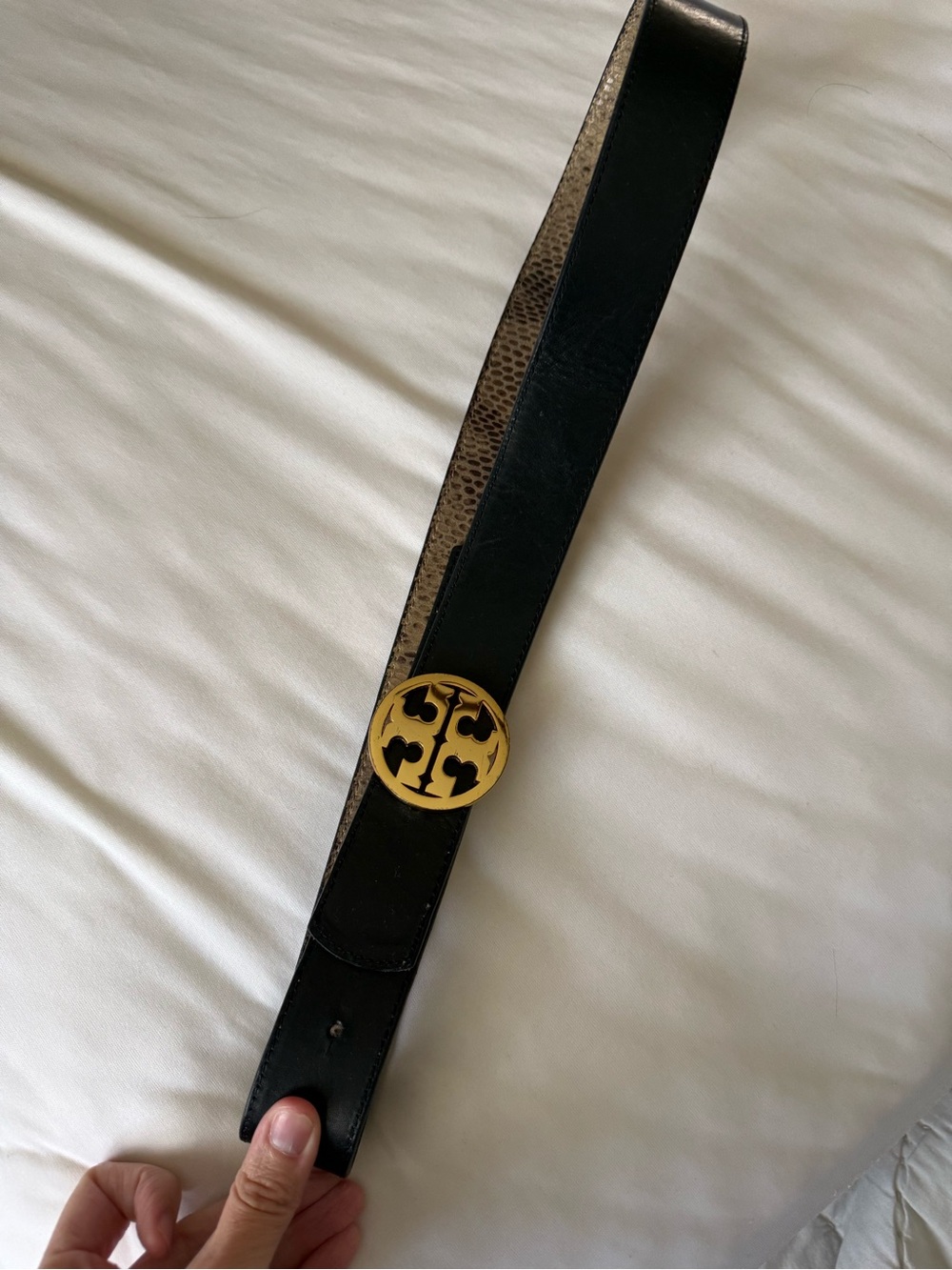 Tory Burch Two Sided Black Snake Leather Belt with Gold Logo Medallion